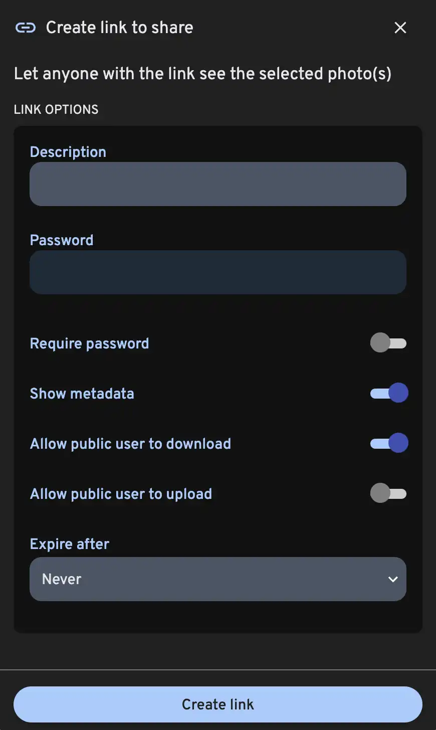 Creating public shared link from album